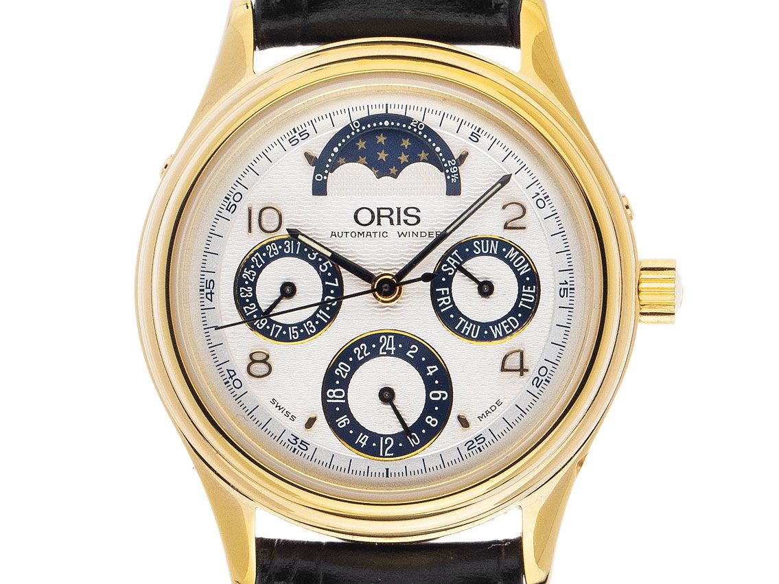 Oris Complication Vollkalender Mondphase Stahl Gelbgold Automatik Armband Leder 35mm Ref.7433 Vintage Bj.1997 Box&Beschreibung