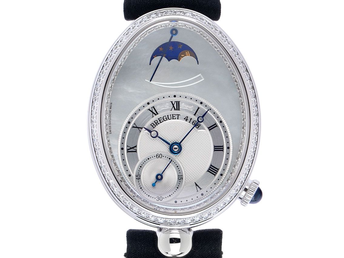 Breguet Reine de Naples 18kt Weißgold Perlmutt Diamanten Automatik Gangreserve kl. Sekunde Mondphase Armband Textil Leder 37x29mm Ref.8908 Box&Pap. Full Set Ungetragen