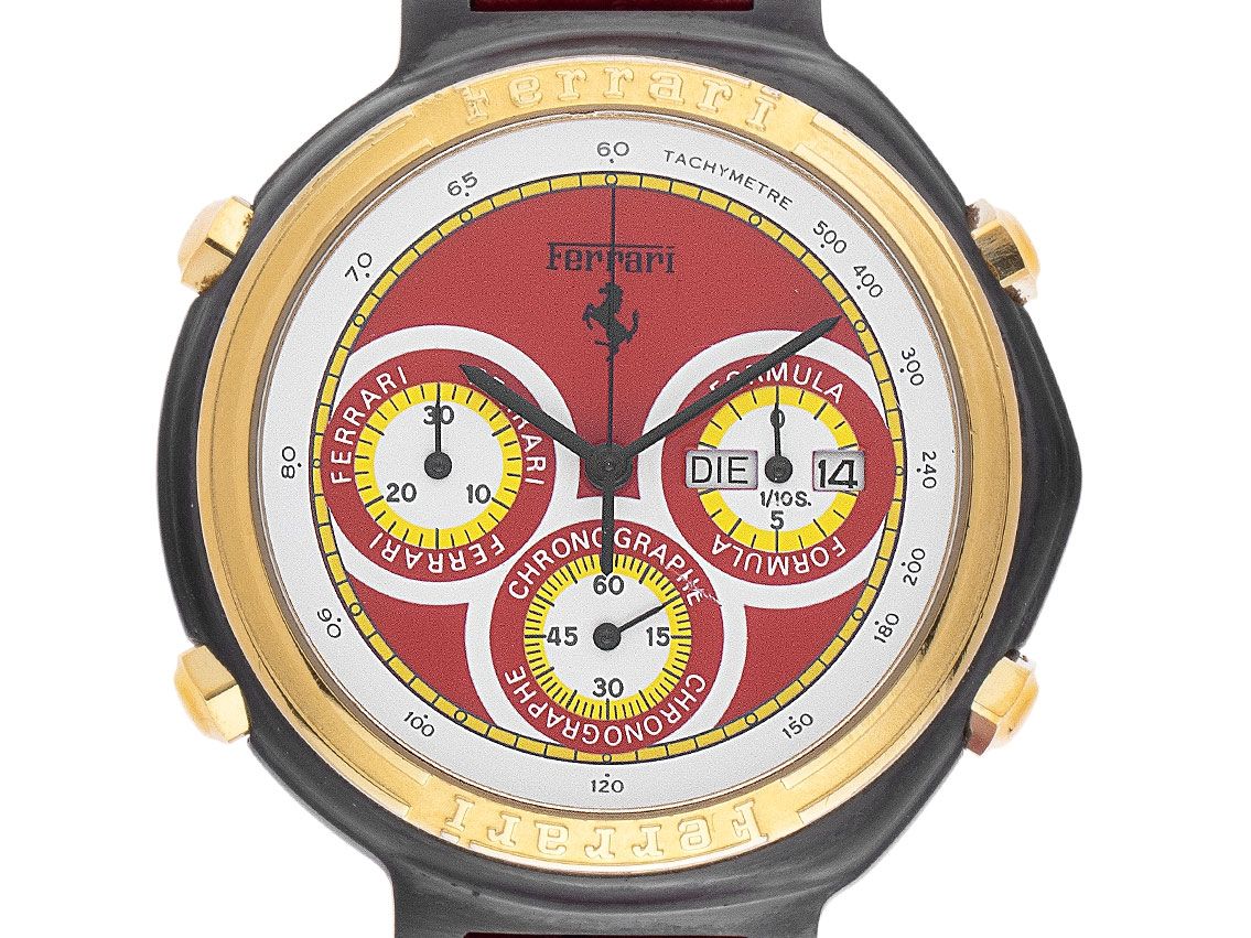 Ferrari by Cartier Formula Chronographe Day Date Stahl DLC Black Gelbgold Quarz Armband Leder 40mm Ref.2059 Vintage Bj.1988