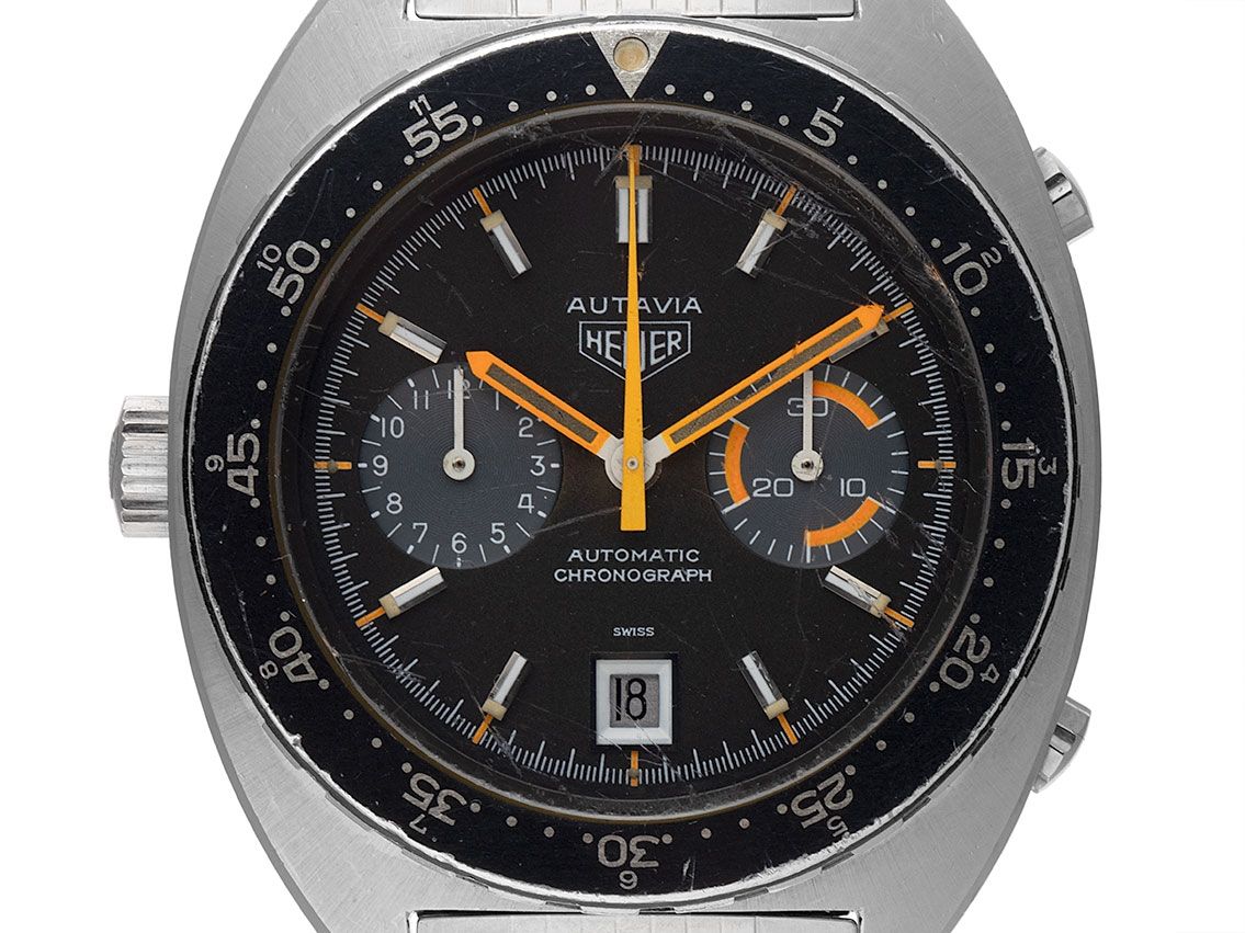 Heuer Autavia Orange Boy Stahl Automatk Chronograph Armband Stahl 42mm Ref.11630 Vintage Bj.1975 ServiceBox Unpoliert