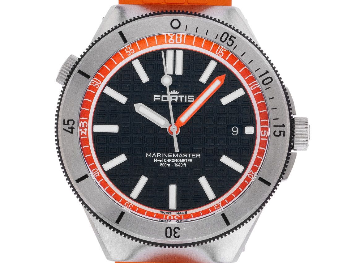 Fortis Marinemaster M-44 Amber Orange Stahl Automatik Armband Kautschuk 44mm Ref.F8120013 Box&Pap. Full Set Neu