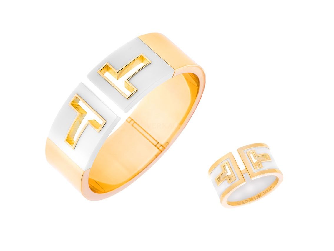 Tiffany Set Armreif Ring 18kt Gelbgold Keramik 13g mit Boxen