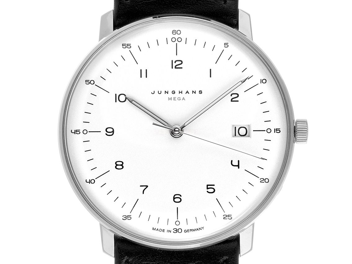 Junghans Max Bill Mega Funkuhr Stahl Quarz Armband Leder 38mm Ref.058/4820.04 Box&Pap. Full Set Ungetragen