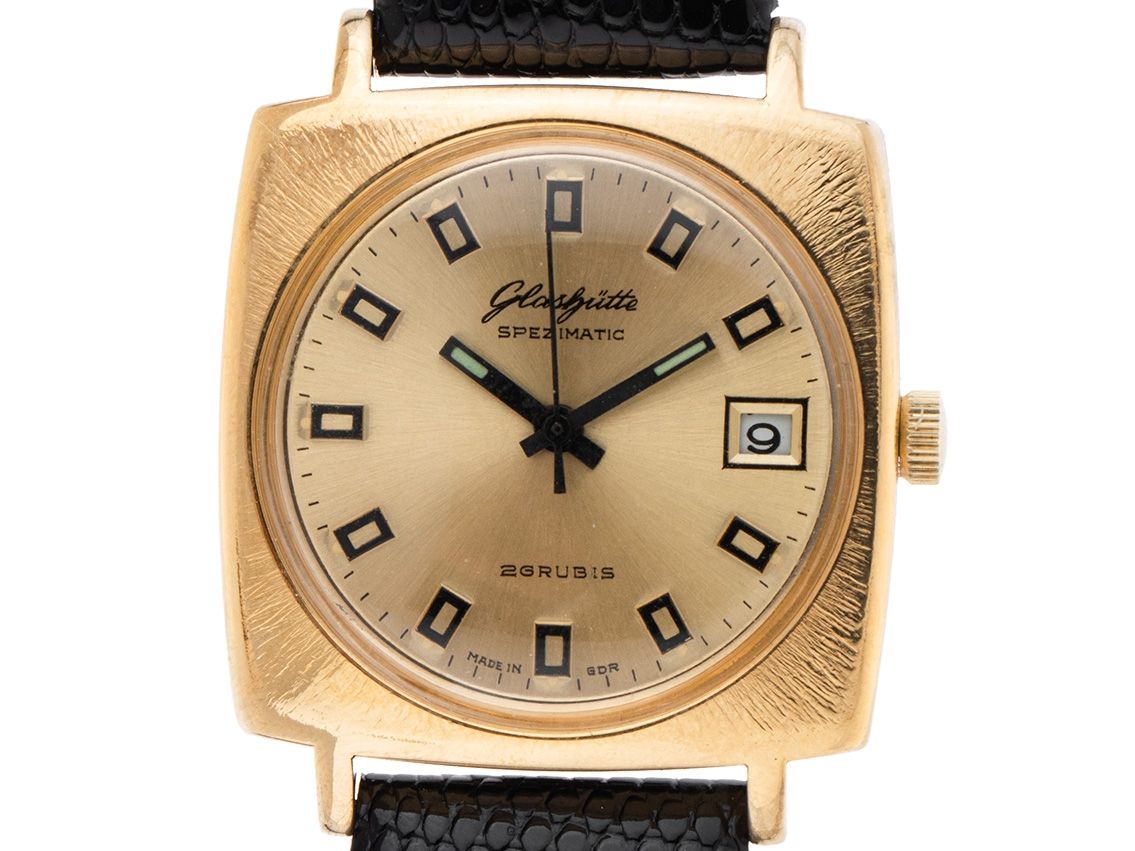 Glashütte Spezimatic Date Gelbgold vergoldet Automatik Armband Leder 42 x 34mm Bj.1974 sehr gut Vintage 