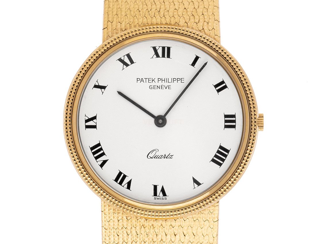 Patek Philippe Calatrava 18kt Gelbgold Quarz Armband 18kt Gelbgold Milanaise Ref. 3744/1 Bj.1979 Box&Pap. Full Set wie Neu Vintage