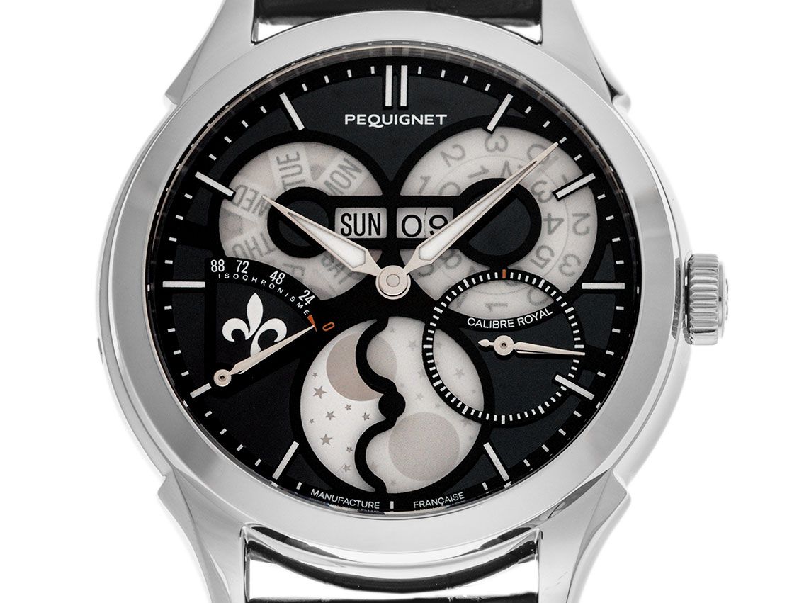 Pequignet Royale Saphir Day-Date Mondphase Stahl Armband Krokoleder Faltschließe 42mm Ref.9010853A AN Box&Pap. Full Set Neu