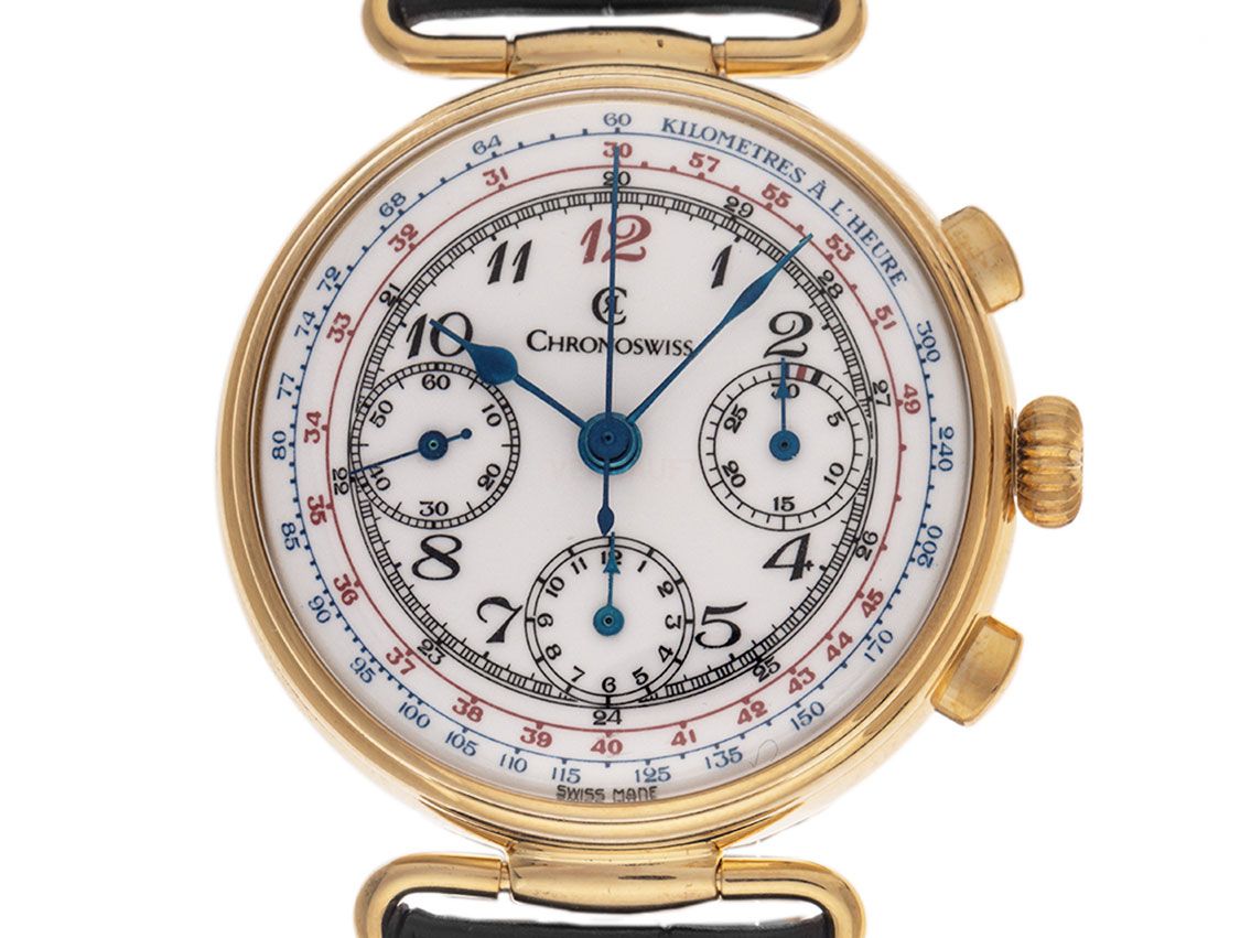 Chronoswiss Chronograph Messing Gelbgold Handaufzug Armband Leder 37mm Ref.CH 7736 Bj.1980 Box&Pap. Full Set wie Neu Vintage