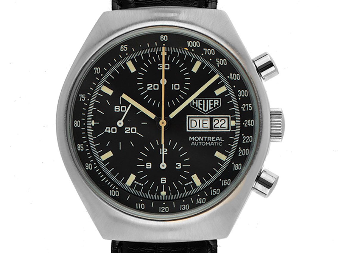 Heuer Montreal Day Date Stahl Automatik Chronograph Armband Leder 42mm Vintage Bj.1973
