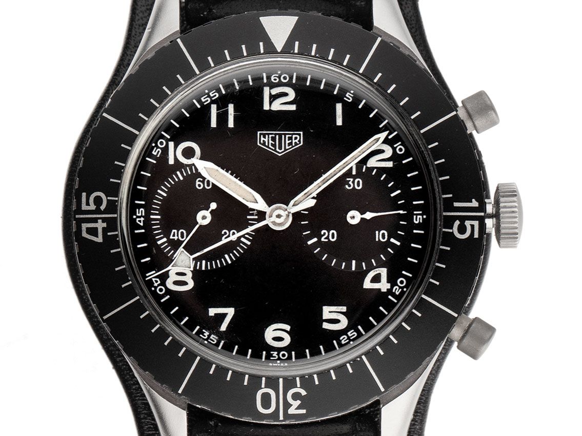 Heuer Bundeswehr Flyback Pilots Watch Chronograph Edelstahl Handaufzug Armband Leder 43mm Ref.1550 SG Vintage Bj.1968 Box
