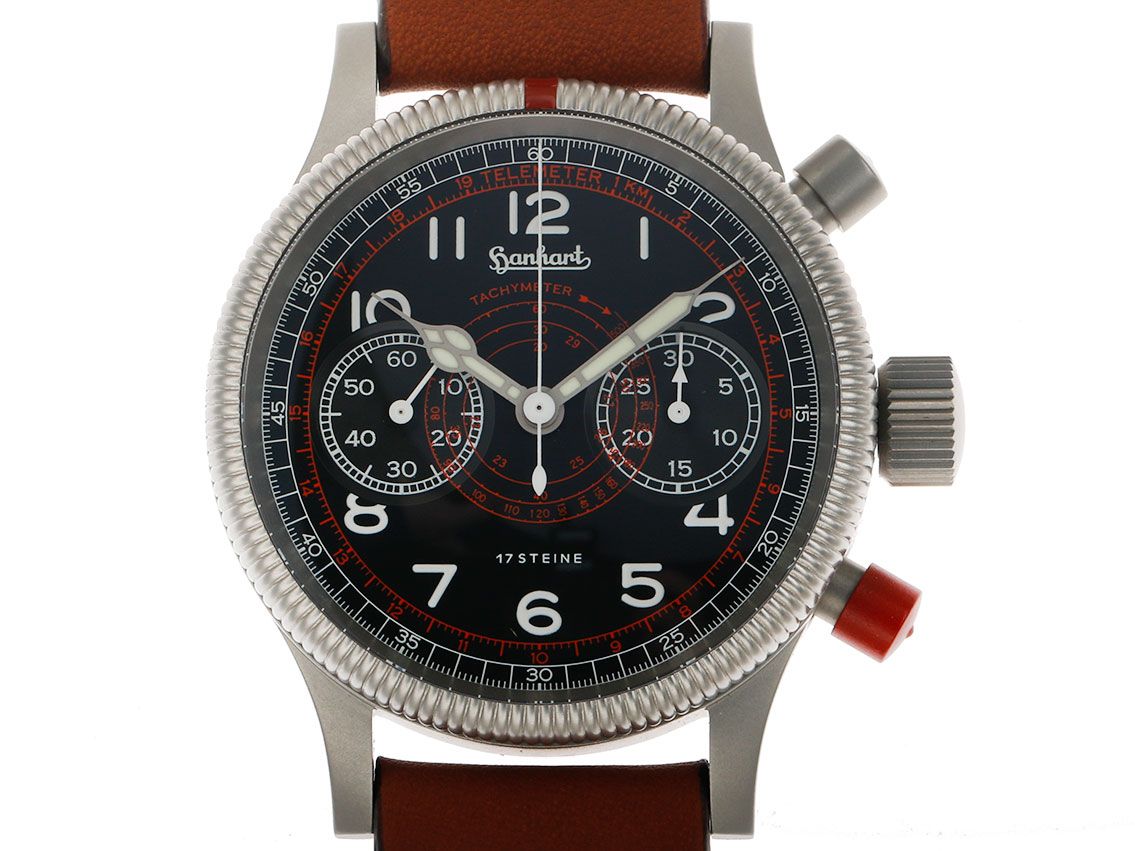 Hanhart Tachy Tele Flieger Chronograph Stahl Handaufzug Armband Leder UVP 2.250,- Neu 