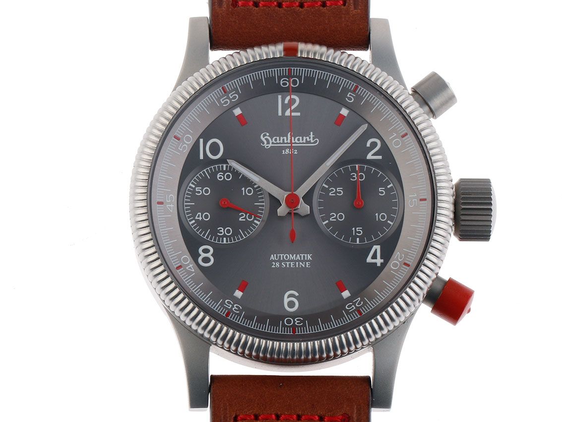 Hanhart Red X Flieger Chronograph Stahl Automatik Armband Leder 40mm UVP 2.890,- Neu