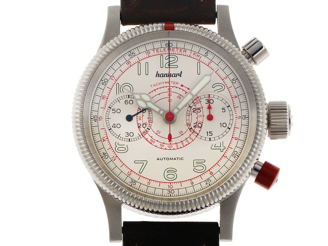 Hanhart Pioneer Tachy Tele Chronograph Stahl Automatik Armband Leder 40mm Neu mit Zertifikat über 1.940,-€