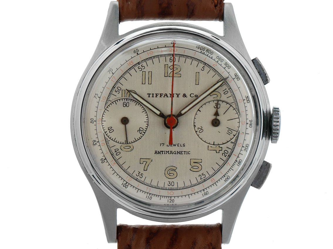 Tiffany & Co. Chronograph Stahl Handaufzug Antikmagnetic Valjoux 7730 Schaltrad 35mm Vintage Bj.1956 mit Zertifikat über 4.500,-