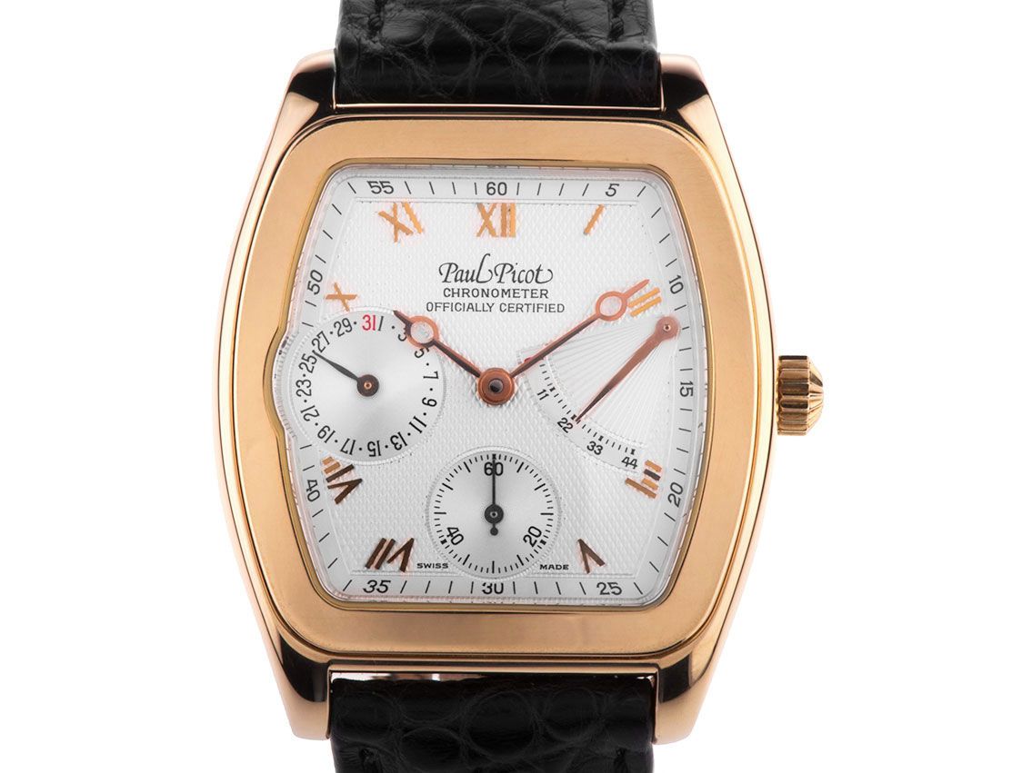 Paul Picot Fireshire Power Reserve Date 18kt Gelbgold Automatik Chronometer Armband Leder 42x34mm Ref.123 Vintage Bj.2000 Box&Pap. wie Neu mit Zertifikat über 15.000,-€
