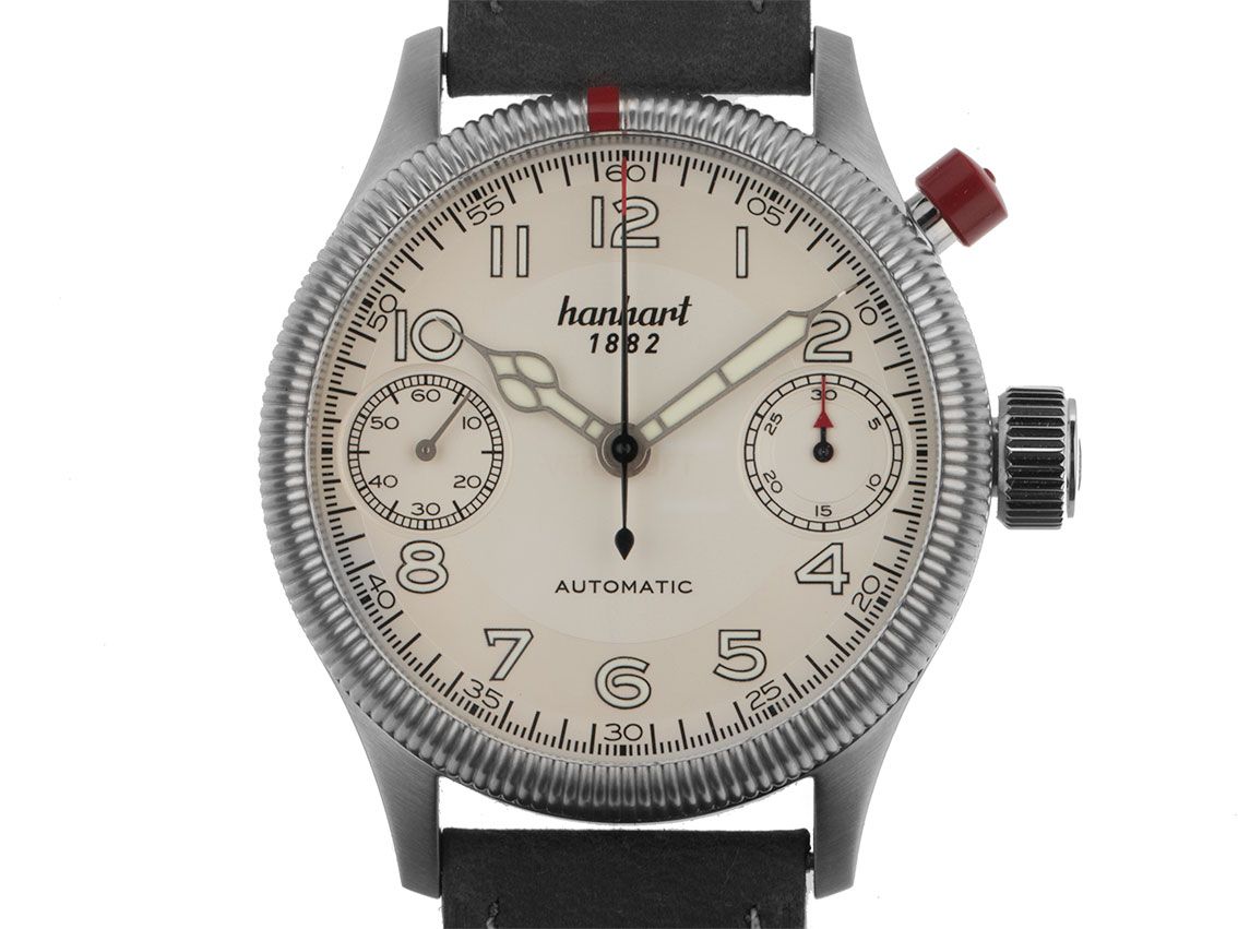 Hanhart Pioneer Monoscope Eindrücker Chronograph Stahl Automatik Armband Leder 45mm Bj.2015 Box&Pap. Ungetragen mit Zertifikat über 2.850,- 