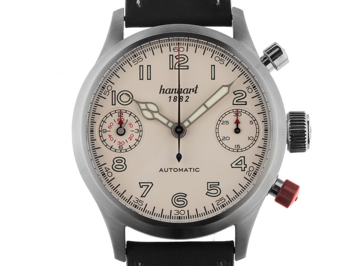Hanhart Pioneer Twin Dicator Chronograph Stahl Automatik Armband Leder 45mm Ref.730.200 Bj.2015 Ungetragen mit Zertifikat über 2.750,-€