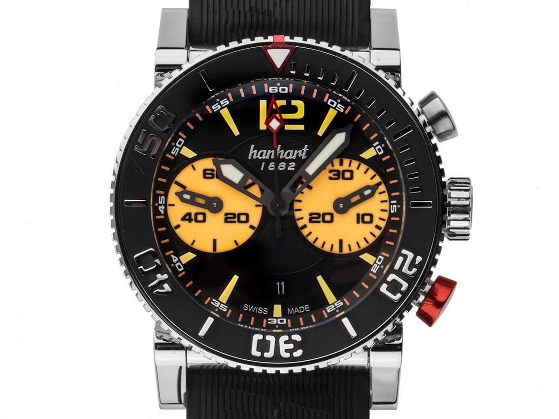 Hanhart Primus Diver Orange Chronograph Stahl Automatik Armband Kautschuk 44mm Ungetragen mit Zertifikat über 2.650,-