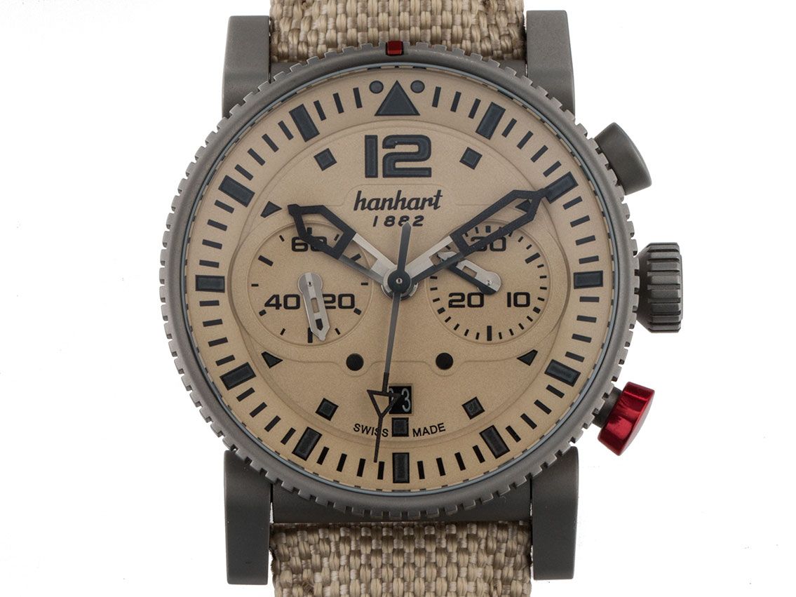 Hanhart Primus Pilot Desert Chronograph Stahl Automatik Armband Textil 44mm Box&Pap. Bj.2015 Ungetragen mit Zertifikat über 2.650,-