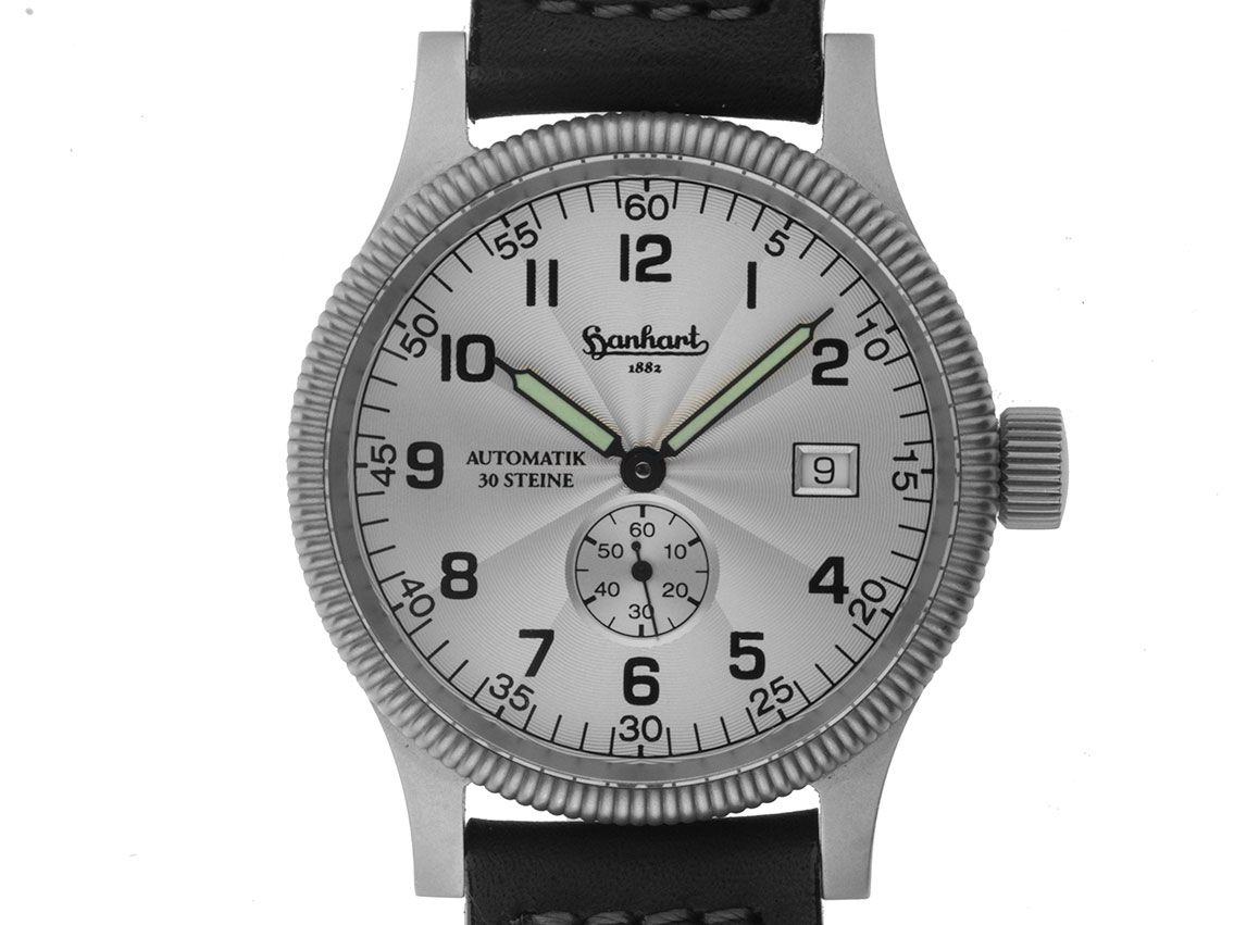 Hanhart Minos Modell 750 Stahl Automatik Armband Leder 40mm Box&Pap. Neu mit Zertifikat über 1.950,-€