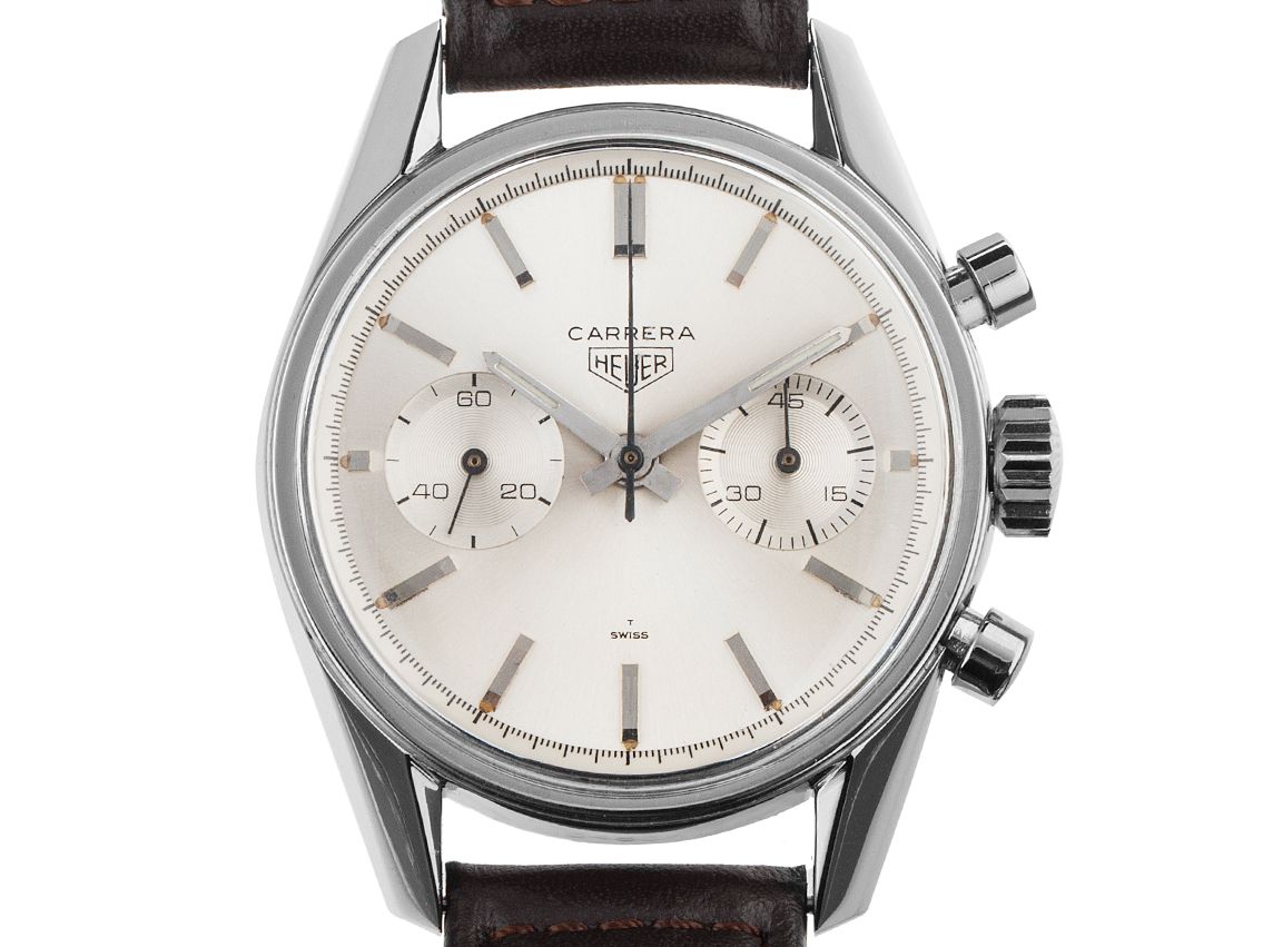 Heuer Carrera Chronograph Stahl Handaufzug Valjoux 92 Armband Leder 36mm Ref.3647S Vintage Bj.1965 mit Zertifikat über 11.000,-€ 