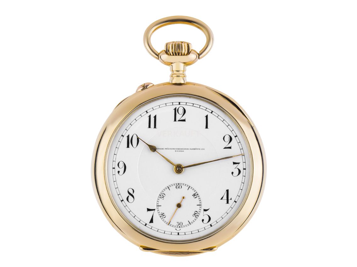 Glashütte Taschenuhr Deutsche Präzisions-Uhrenfabrik 14kt Gelbgold Handaufzug 52mm Vintage Bj.1900 Box&Pap. mit Zertifikat über 5.800,-€