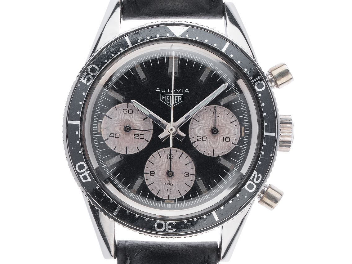Heuer Autavia Jochen Rindt 3rd Execution Panda Stahl Handaufzug Chronograph Armband Leder 38mm Ref.2446M Vintage Bj.1960 mit Zertifikat über 39.000,-€