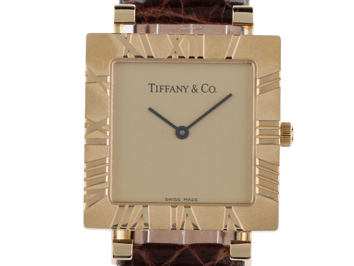 Tiffany & Co. Atlas 18kt Gelbgold Quarz Lederband 28x28mm orig.Box 