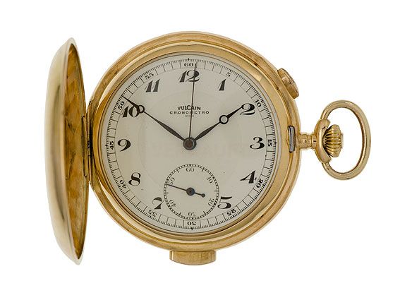 Vulcain Taschenuhr 1/4 Stunde Repetition Chronograph Chronometer 18kt Gelbgold 52mm Vintage