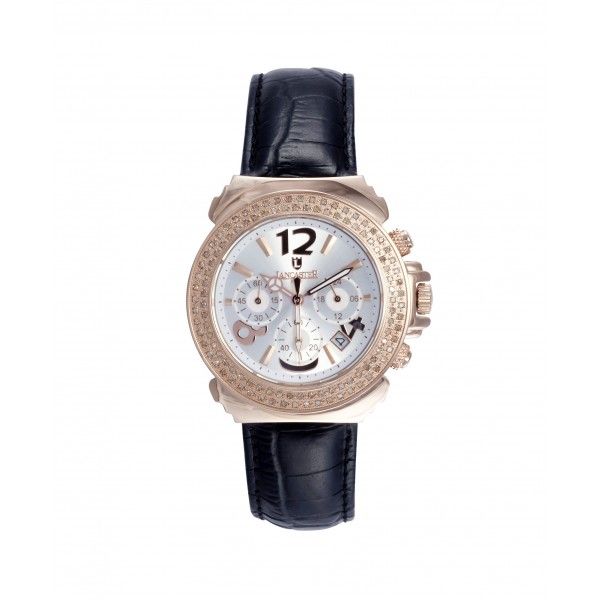 Lancaster Pillo Chrono Rosè Leather Stahl vergoldet Diamond 0,86ct Quarz 38mm UVP 1.200,- Neu