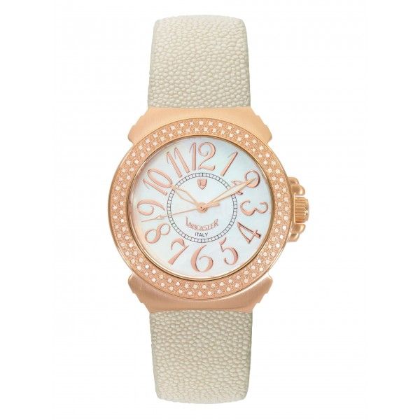 Lancaster Pillola Rosé Galuchat Stahl vergoldet Diamond 0,57ct Quarz Perlmutt 36mm UVP 1.090,- Neu