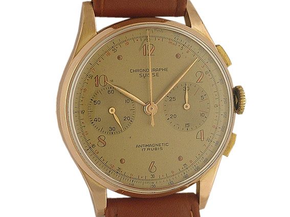 Chronographe Suisse Chronograph Handaufzug Landeron 48 18kt Roségold Vintage 37mm