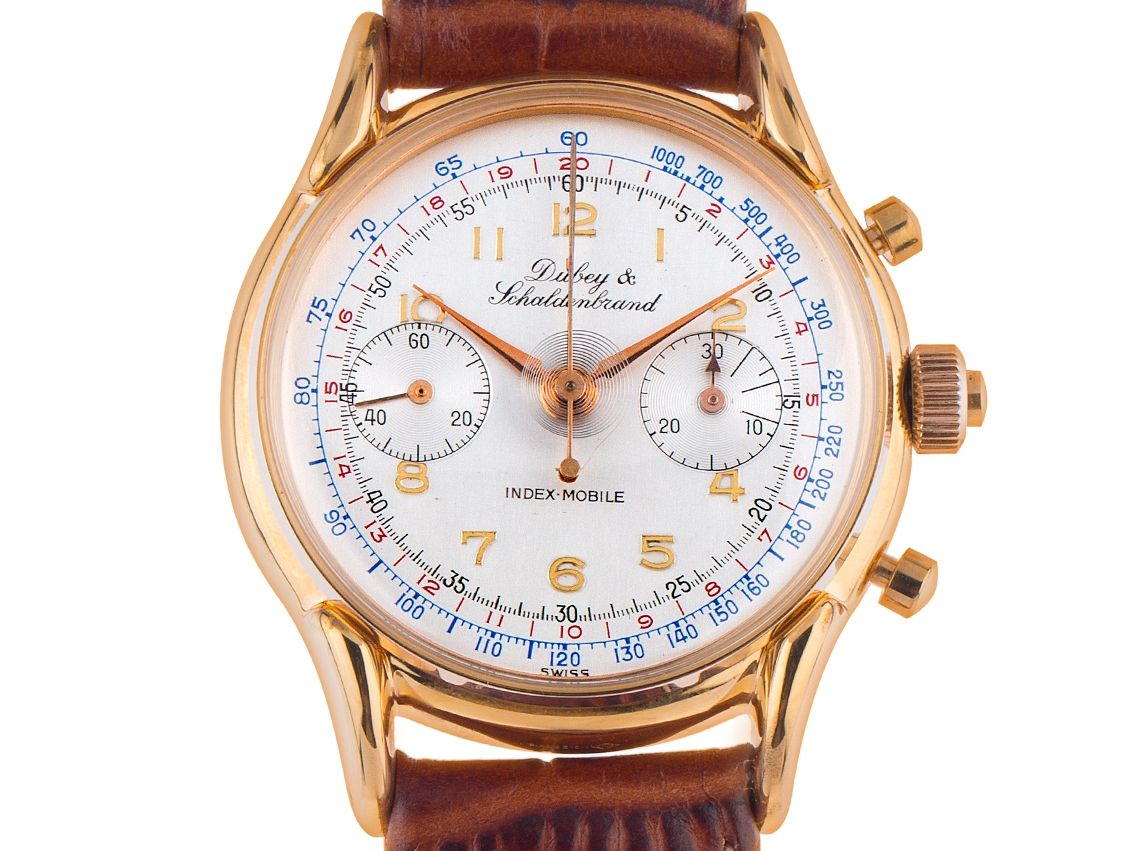 Dubey & Schaldenbrand Index Mobile Chronograph Rattrapante Gelbgold Handaufzug Armband Leder 37mm Vintage Bj.1980 mit Zertifikat über 4.750,-€