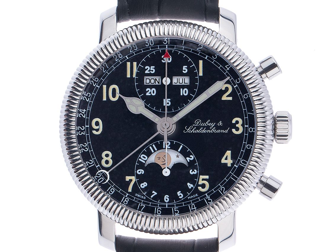 Dubey & Schaldenbrand Moondate Vollkalender Mondphase Edelstahl Automatik Chronograph Armband Leder 38mm Vintage Bj.1996 Box&Pap. Full Set wie Neu mit Zertifikat über 5.900,- €