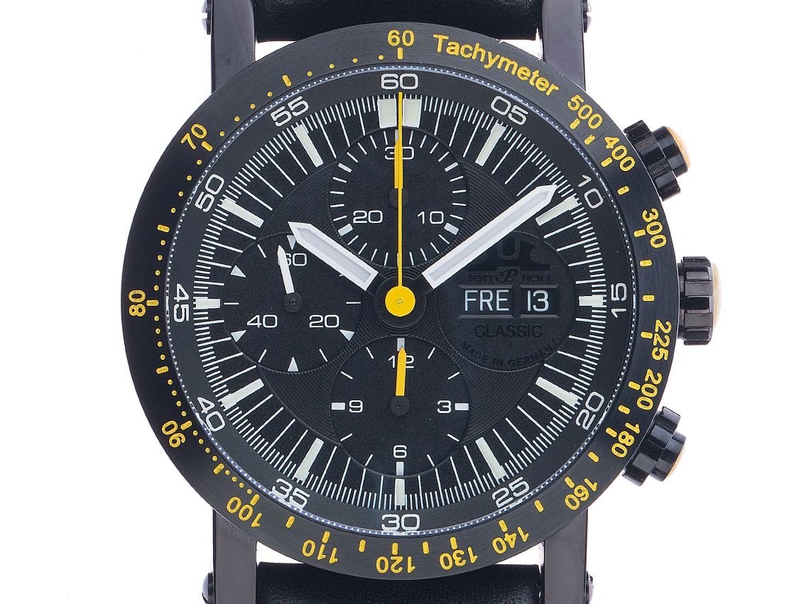Temption Classic Curare Black Stahl Black Automatik Chronograph Armband Leder Limitiert 43mm Box&Pap. Full Set mit Zertifikat über 2.480,-€