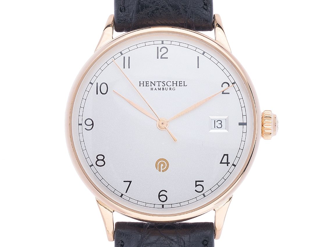Hentschel Jubiläumsuhr 18kt Gelbgold Automatik Armband Leder 37mm Box&Beschreibung Ungetragen mit Zertifikat über 4.800,-€