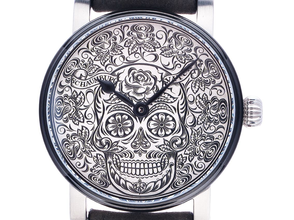 Schaumburg Watch Unique Skull Stahl Handaufzug Armband Leder Faltschließe Limitiert 42mm Box&Pap. Full Set Neu mit Zertifikat über 3.690,-€ 