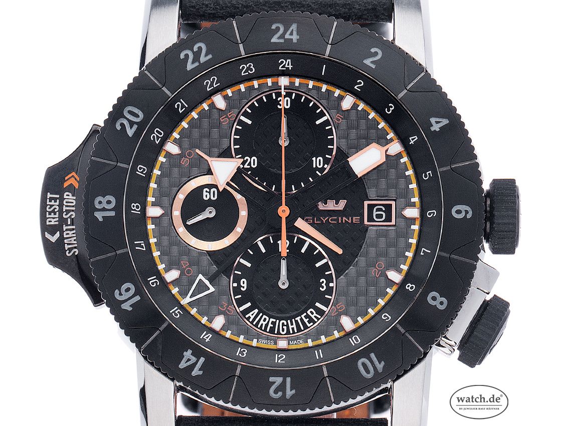 Glycine Airman Airfighter Stahl PVD Automatik Armband Leder Chronograph 46mm Ref.3921.19 Box&Pap. Full Set Ungetragen mit Zertifikat über 4.350,-€