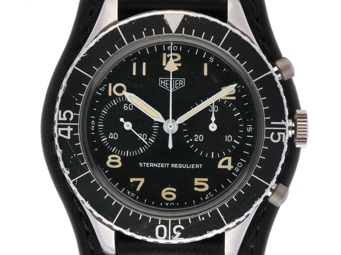 Heuer Bundeswehr Sondermodell Chronograph Sternzeit reguliert Edelstahl Handaufzug Armband Leder Limitiert 43mm Ref.1551 SGSZ Vintage Bj.1969
