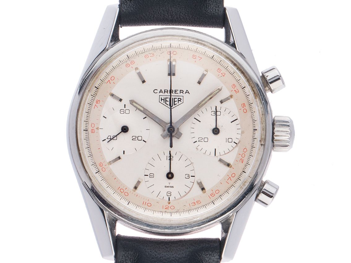 Heuer Carrera Stahl Handaufzug Chronograph Valjoux 72 Armband Leder 36mm Ref.2447T Vintage Bj.1965 unpoliert mit Zertifikat über 13.000,-€ 