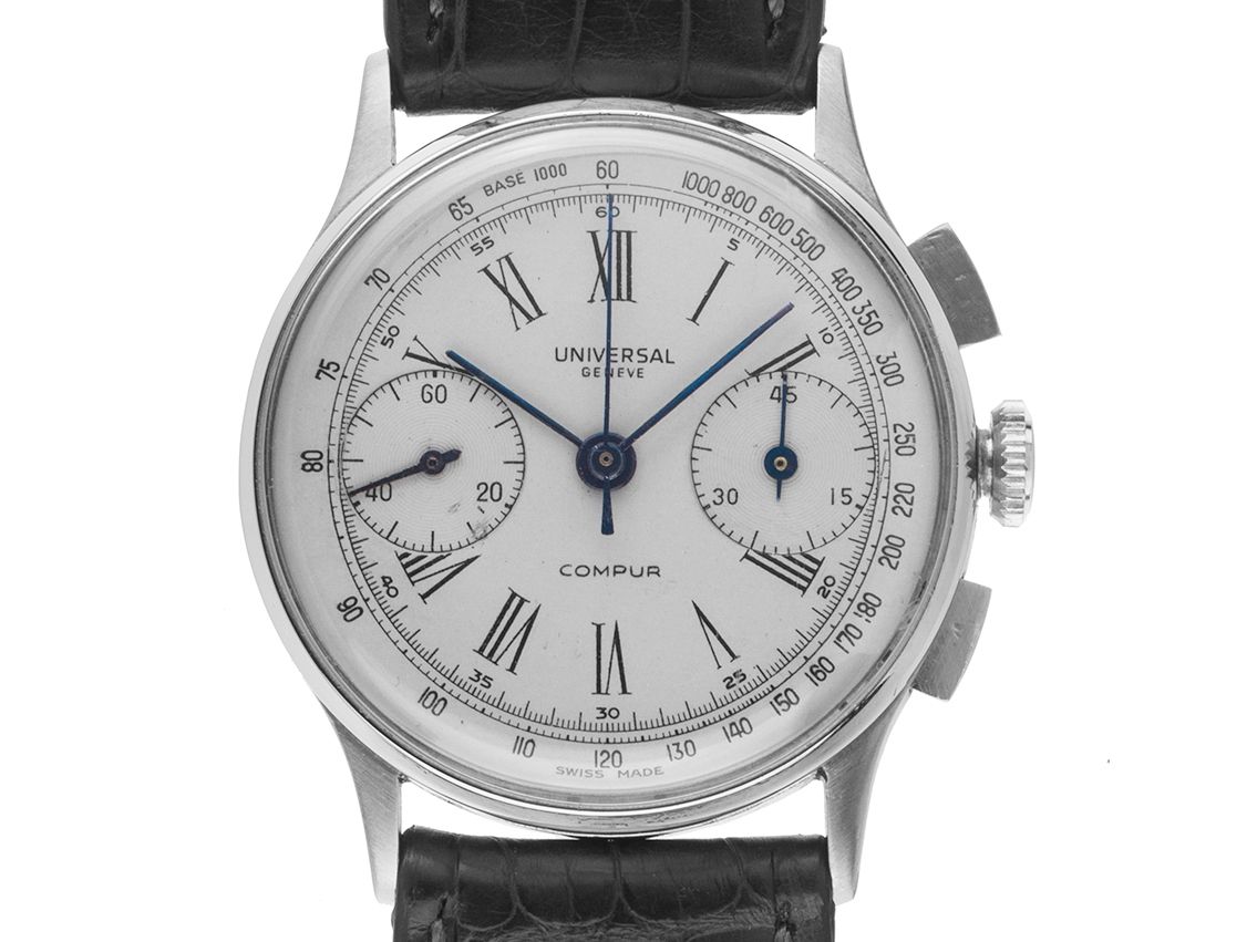 Universal Geneve Compur Stahl Handaufzug Schaltrad Chronograph Armband Leder 34mm Vintage Bj.1945 mit Zertifikat über 5.900,-€