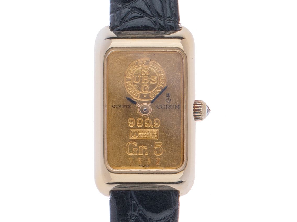 Corum Gold Barren 5g Lady 999 Feingold 18kt Gelbgold Diamond Quarz Armband Leder 28x16,5mm Ref.14.300.70 Vintage Bj.1985 Box&Pap. wie Neu mit Zertifikat über 9.500,-€