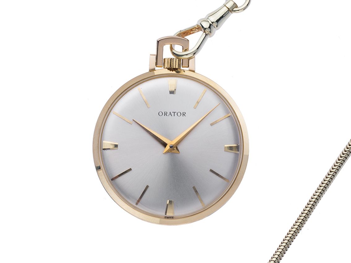 Ovator Frack Taschenuhr mit Kette 14kt Gelbgold Handaufzug 45mm Vintage Bj.1969 wie Neu mit Zertifikat über 3.200,-€