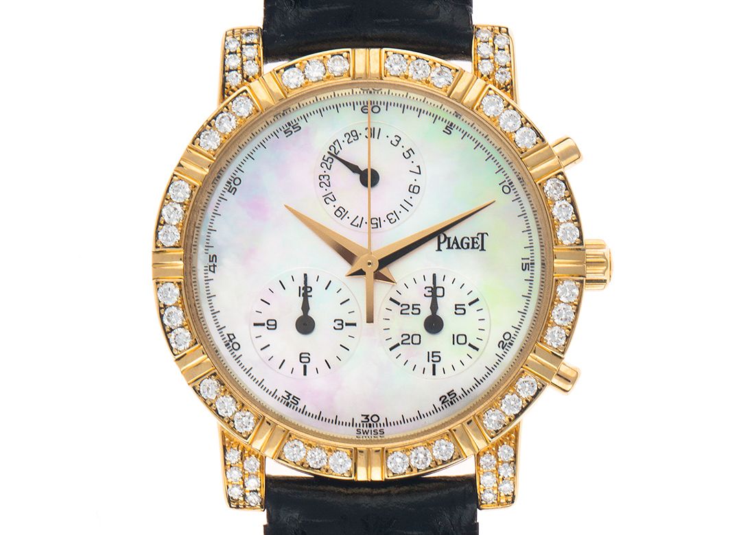 Piaget Haute Complication Chronograph 18kt Gelbgold Diamond Perlmutt Quarz 29mm Ref.14015 Vintage Bj.2003 Box&Pap. Full Set wie Neu mit Zertifikat über 12.500,-€