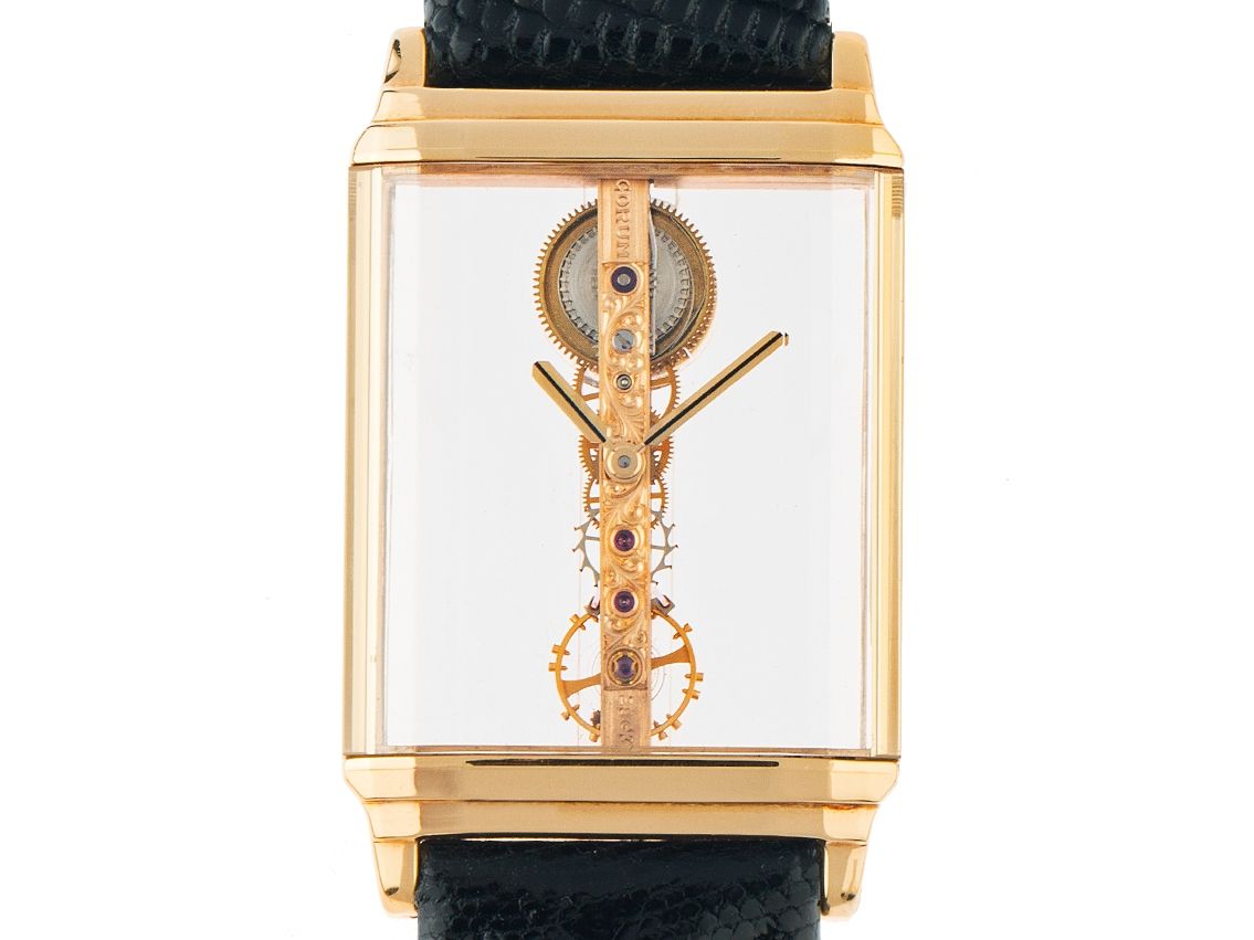 Corum Golden Bridge 18kt Gelbgold Handaufzug Armband Leder 50x32mm Ref.1315056 Vintage Bj.1985 Box&Beschreibung wie Neu mit Zertifikat über 20.000,-€