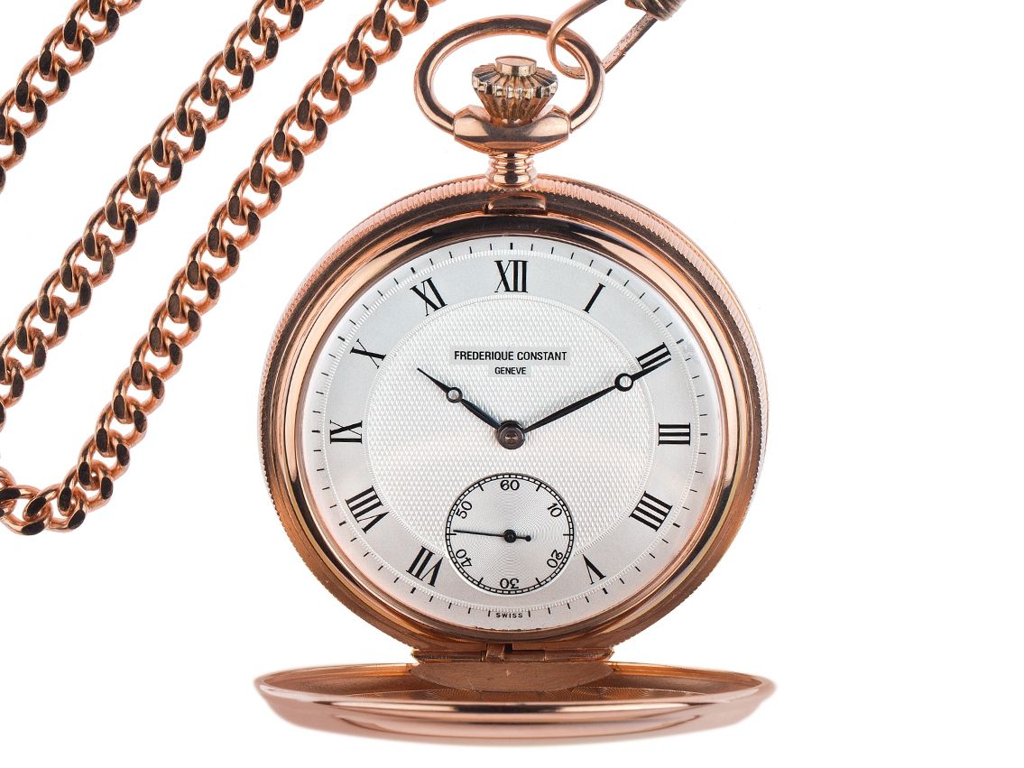 Frederique Constant Taschenuhr Savonette Rosegold vergoldet Handaufzug 49mm Vintage Bj.2005 mit Uhrenkette wie Neu mit Zertifikat über 2.900,-€