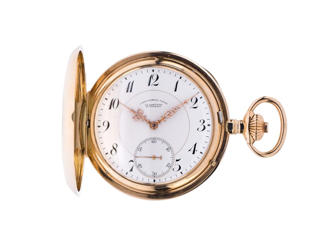 Union Glashütte Taschenuhr Savonette kleine Sekunde 14kt Gelbgold Handaufzug 55mm Vintage Bj. 1920 inkl. Box wie Neu mit Zertifikat über 12.000,-€
