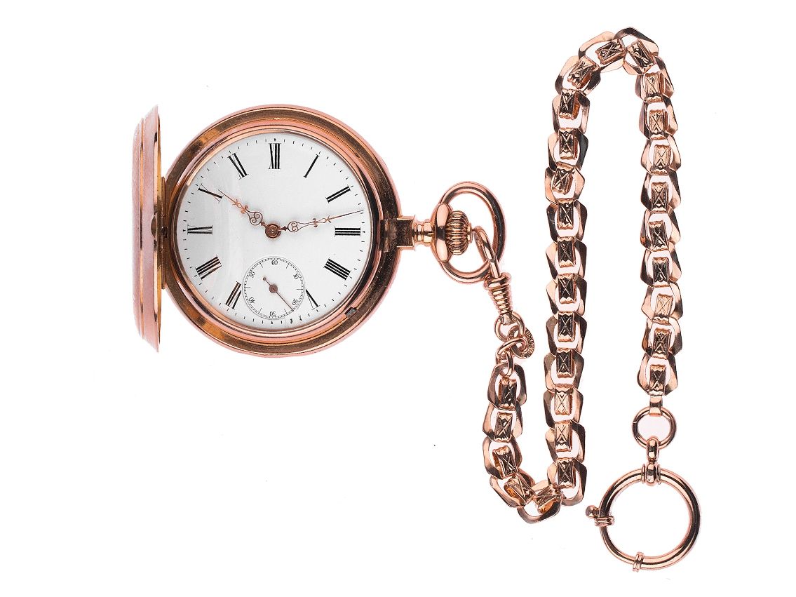 Remontoir Taschenuhr Savonette 18kt Rosegold Handaufzug Breguet Spirale 51mm Vintage Bj.1910 Uhrenkette Roségold vergoldet mit Zertifikat über 8.500,-€