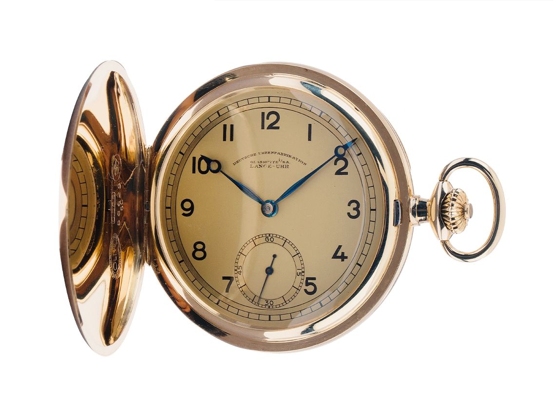 Glashütte Taschenuhr Lange Uhr Deutsche Uhrenfabrikation 14kt Gelbgold Handaufzug 51mm Vintage Bj.1925 wie Neu mit Zertifikat über 4.500,-€
