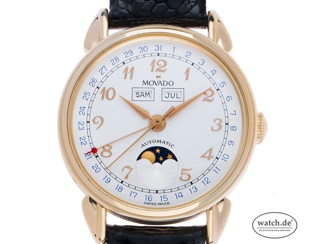 Movado 1881 Perpetual Vollkalender Mondphase 18kt Gelbgold Automatik Armband Leder 34mm Ref.40.B1.881 Vintage Bj.1990 Box&Beschreibung wie Neu mit Zertifikat über 24.500,-€