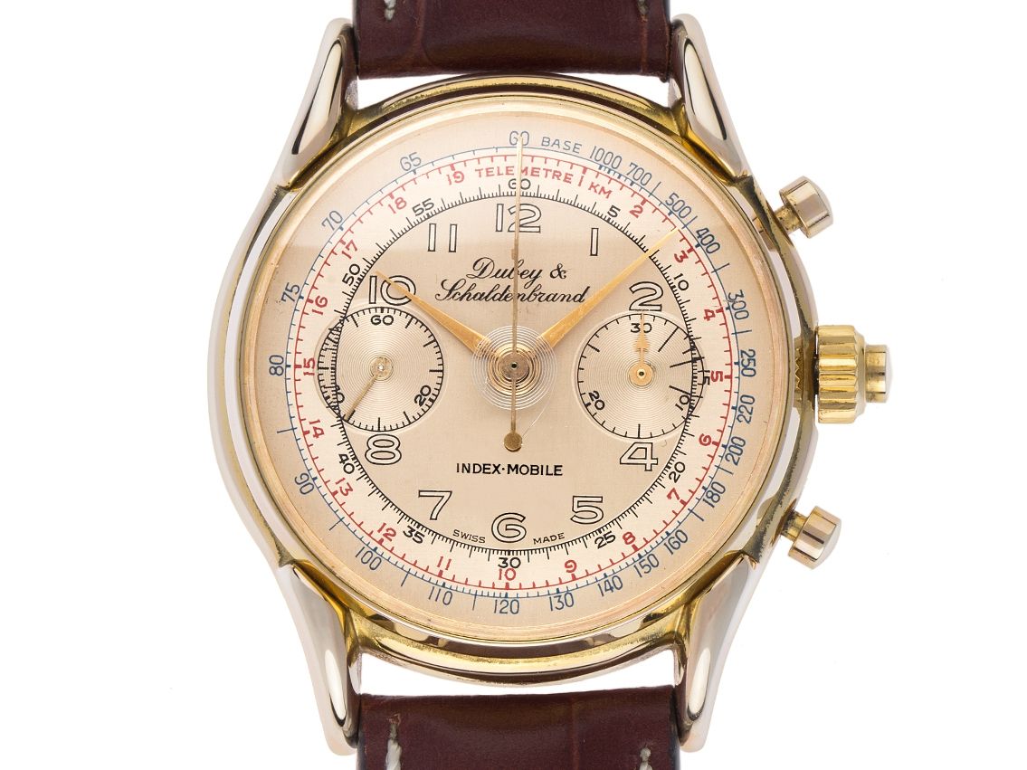Dubey & Schaldenbrand Index Mobile Chronograph Rattrapante Gelbgold Handaufzug Kal. Landeron Armband Leder 37mm Vintage Bj.1985 wie Neu mit Zertifikat über 4.750,-€